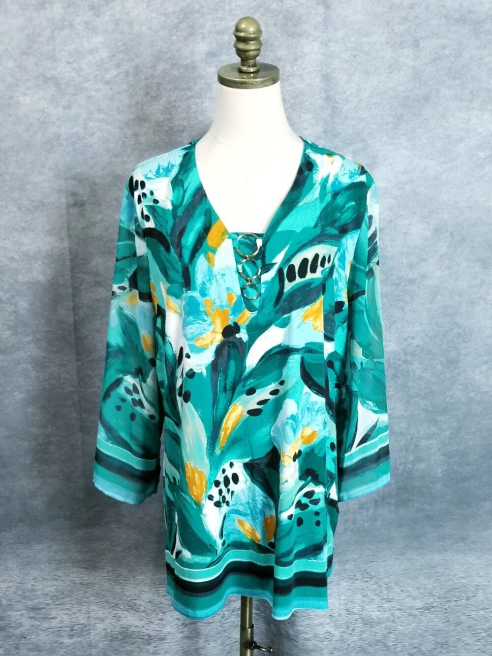 JM Collection Tropical Tunic XL Green Blue Abstract Leaf Chain Neck 3/4 Sleeve